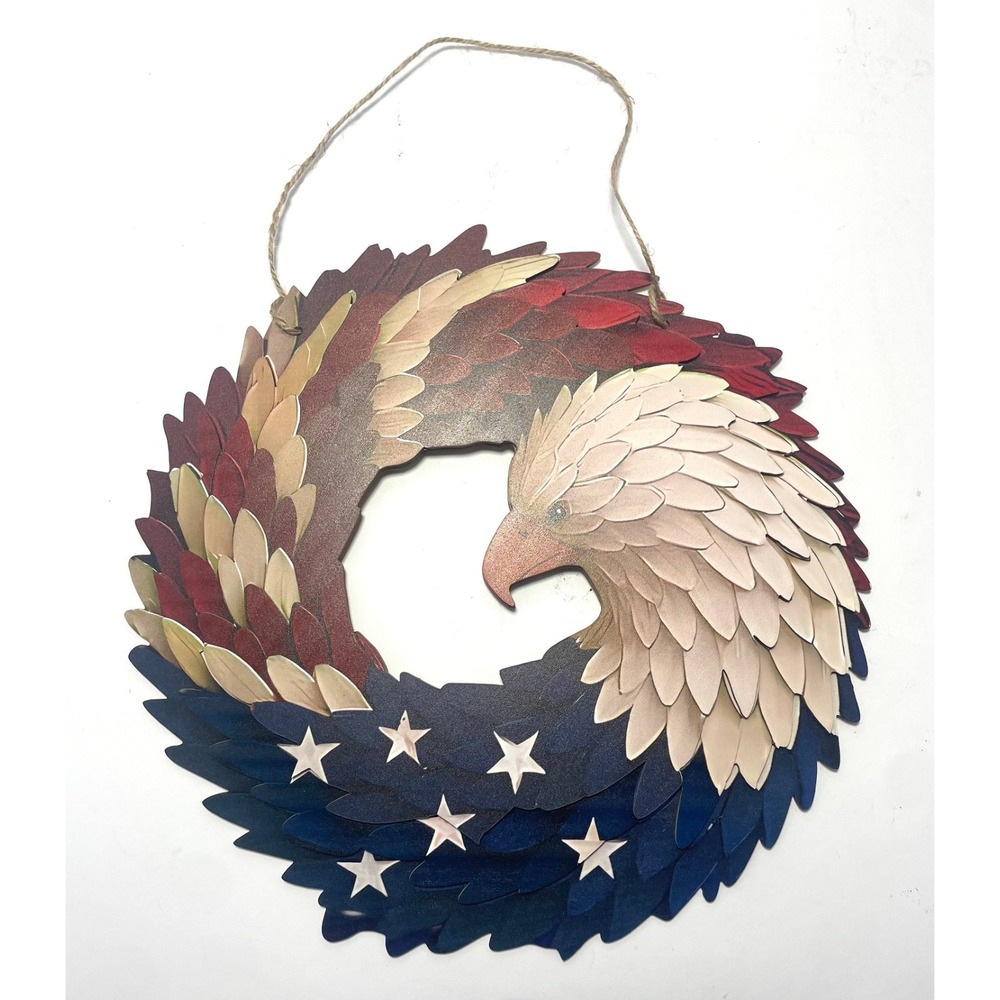 3D Patriotic Bald Eagle Wood Wreath 11.75" Americana Flag —-LOT OF (2)—-
